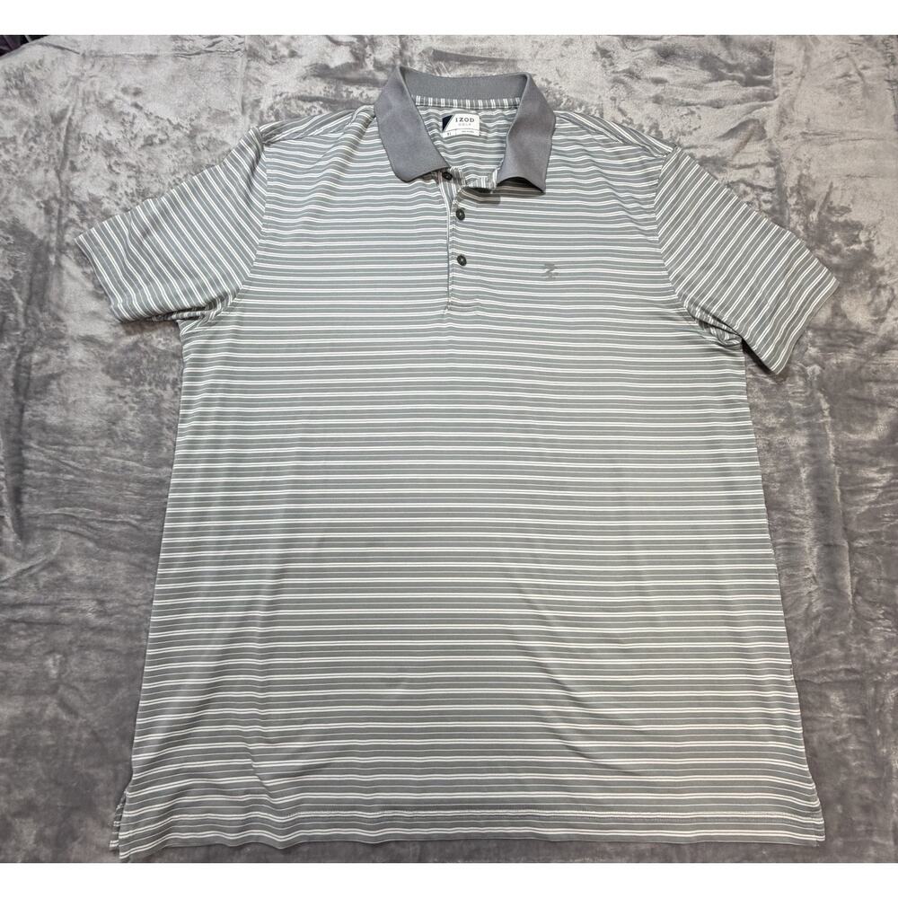 Izod Grey Striped Golf Polo Men's XL Lightweight Short Sleeve - Picture 1 of 5